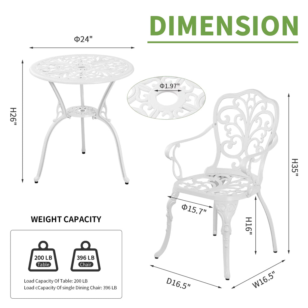 White Bistro Table and Chairs Set with Umbrella Hole Y65227