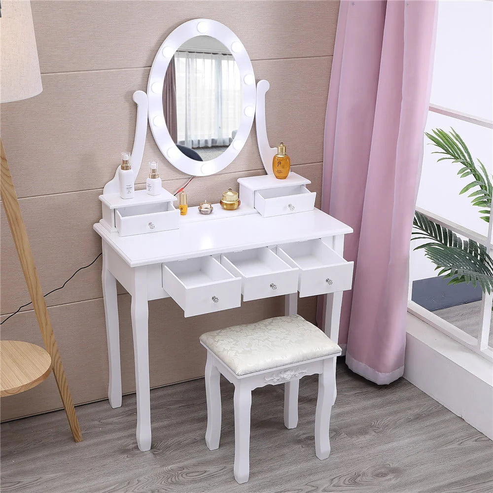 White Vanity Table Set with 5 Drawers and Cushioned Stool L73415