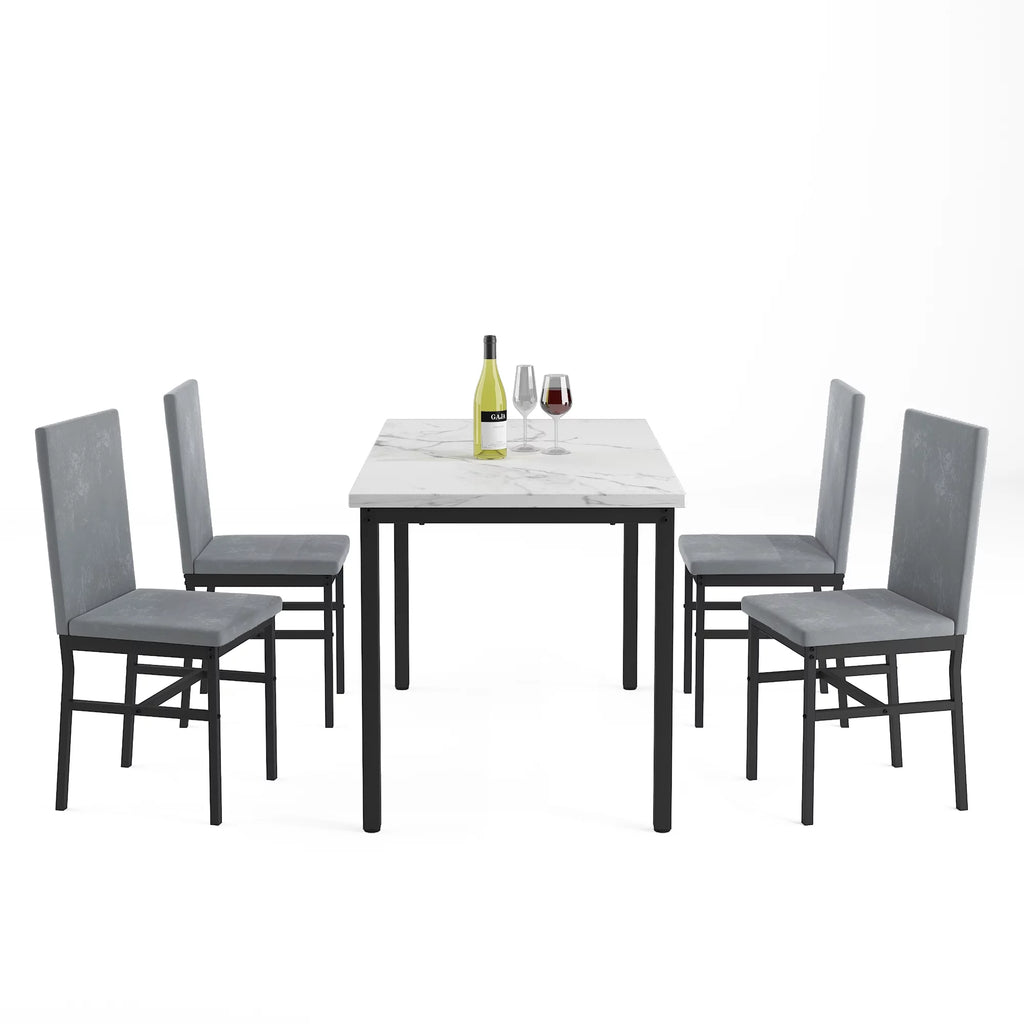 5-Piece White Marble Top Dining Table and 4 Gray Velvet Chairs G671819