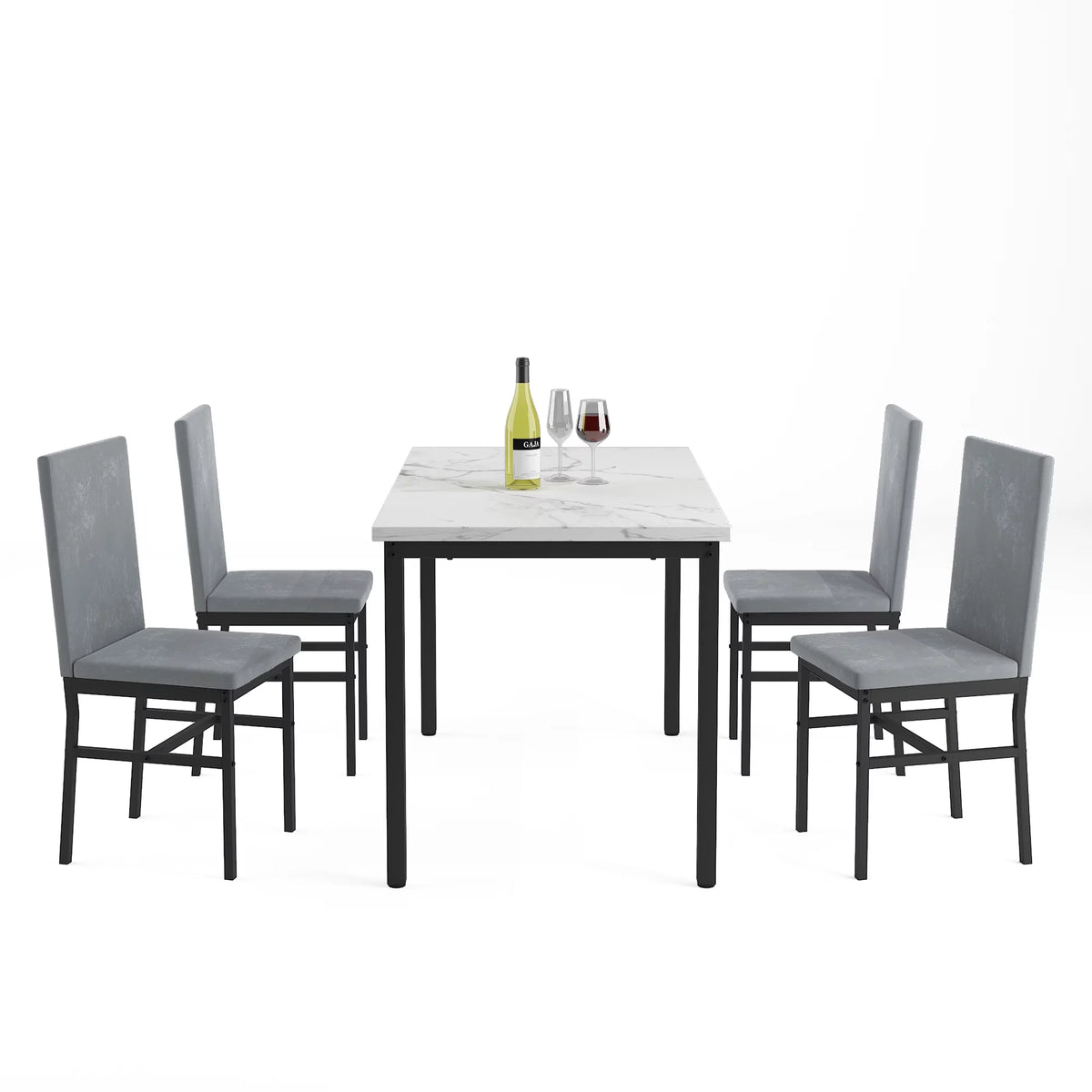 5-Piece White Marble Top Dining Table and 4 Gray Velvet Chairs G671819