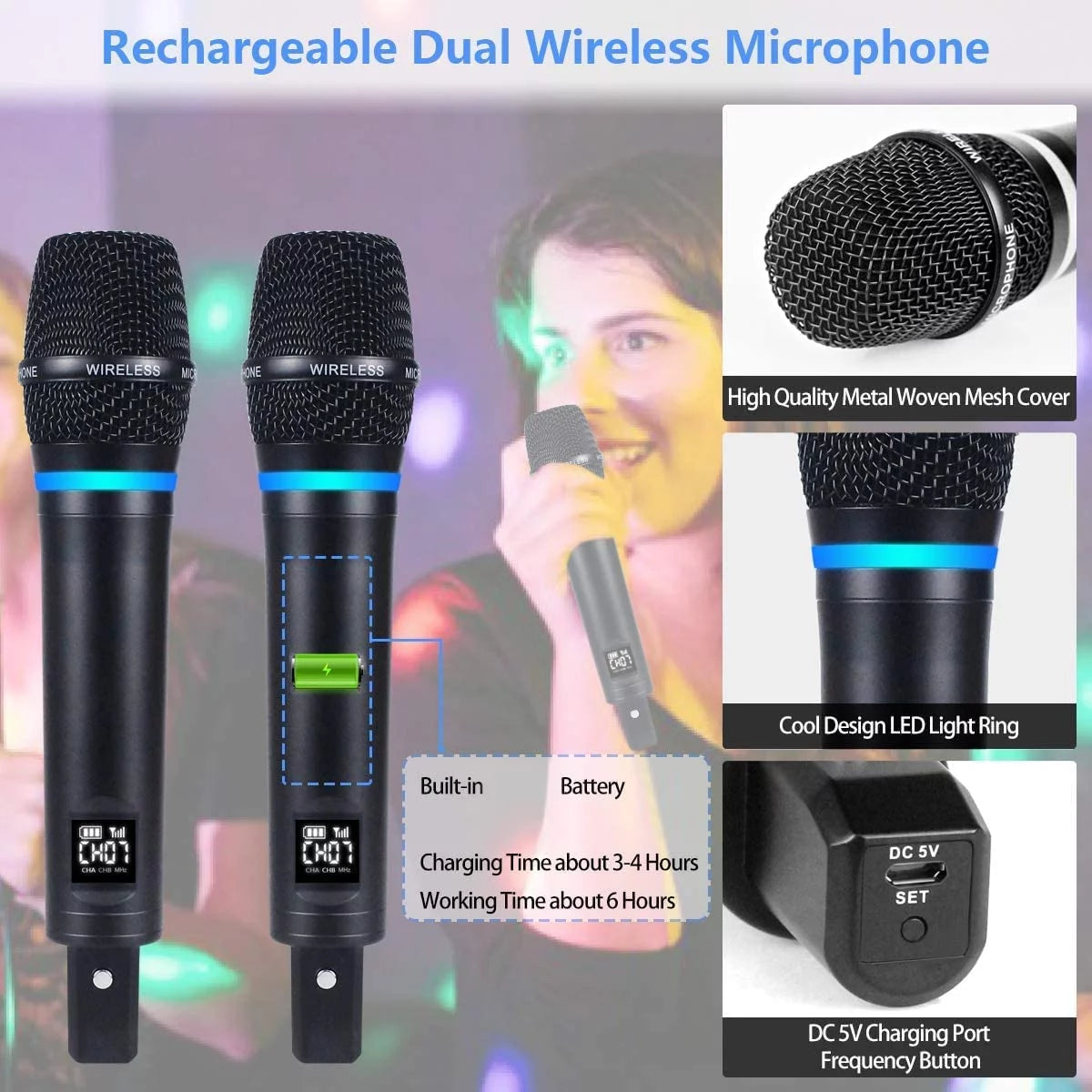 Rechargeable Wireless Microphone System with Bluetooth Receiver J806