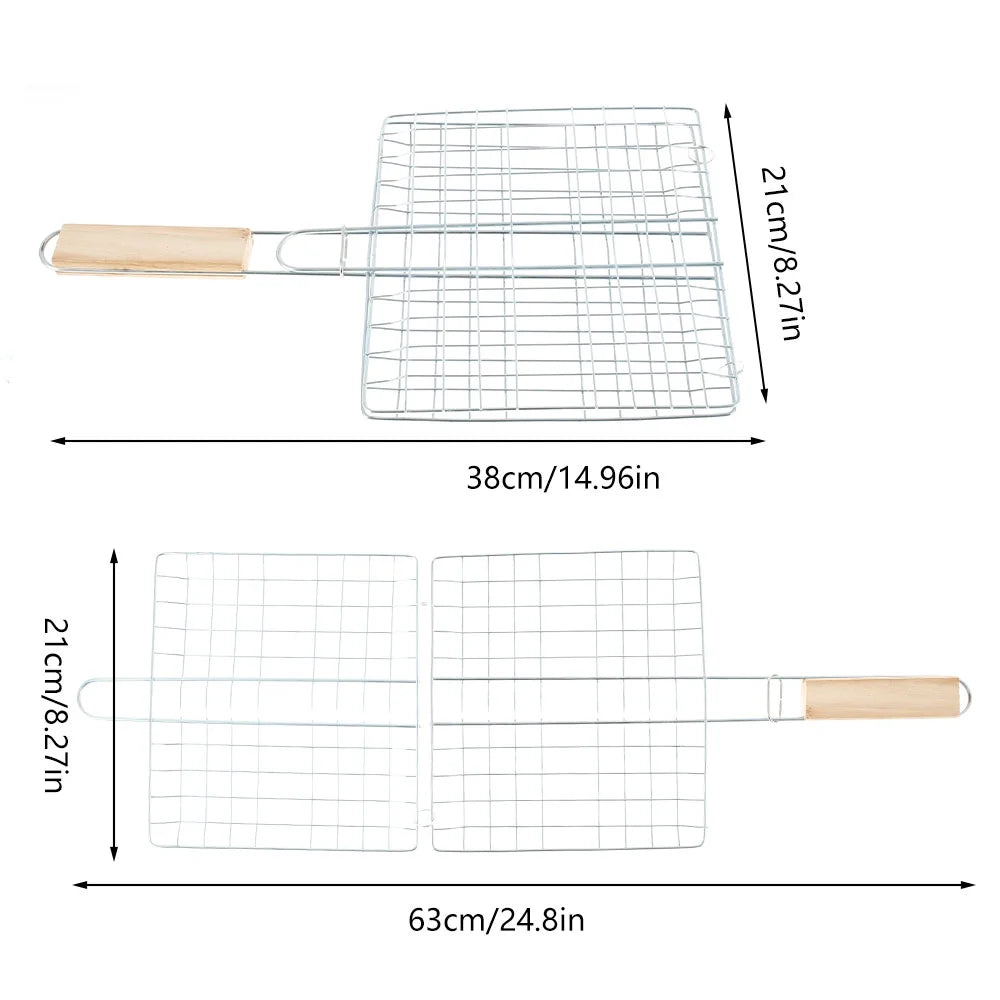 Stainless Steel Folding Barbecue Grilling Basket with Wooden Handle C406