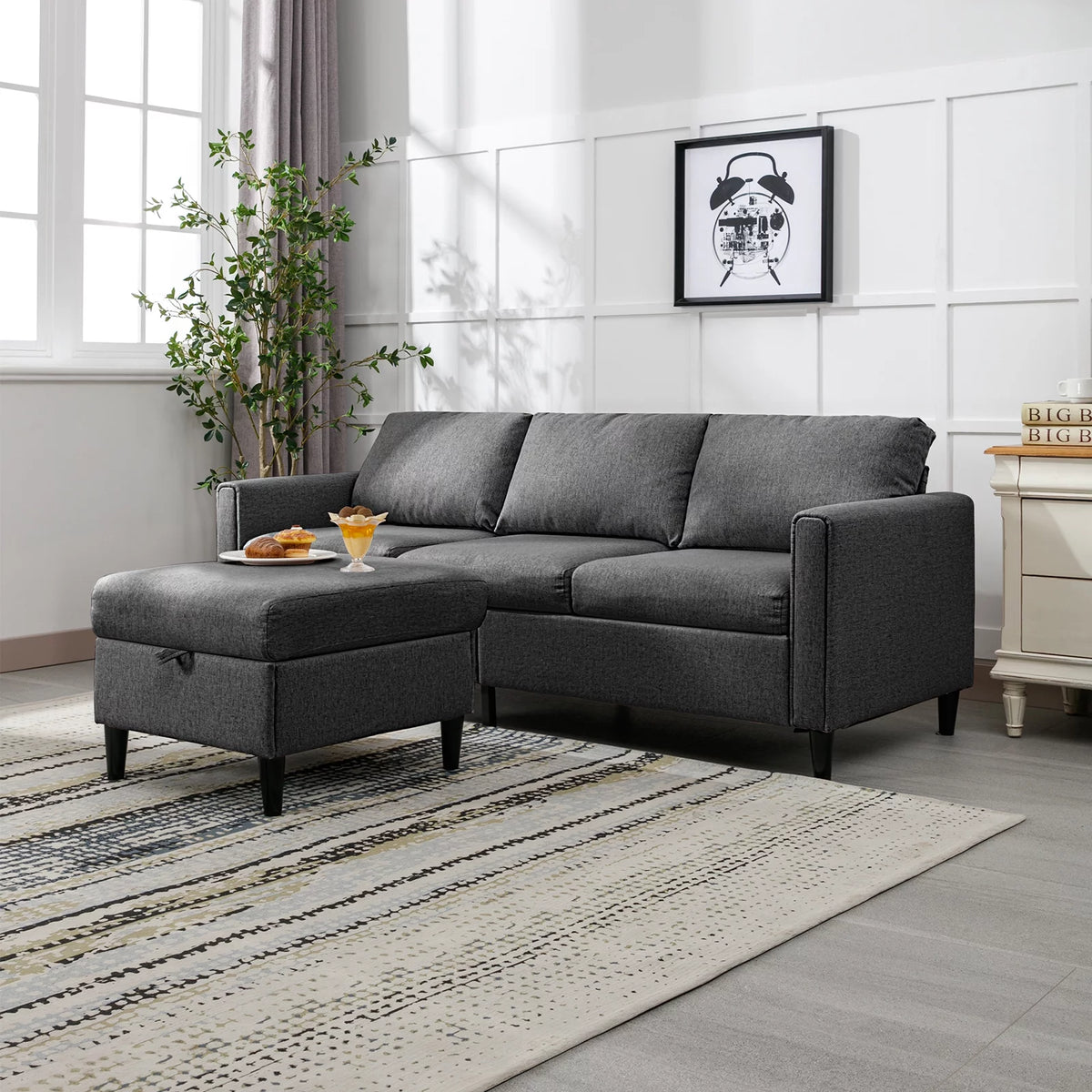 Small Sectional Sofa 3 Seater with Storage Ottoman Light Grey R61834
