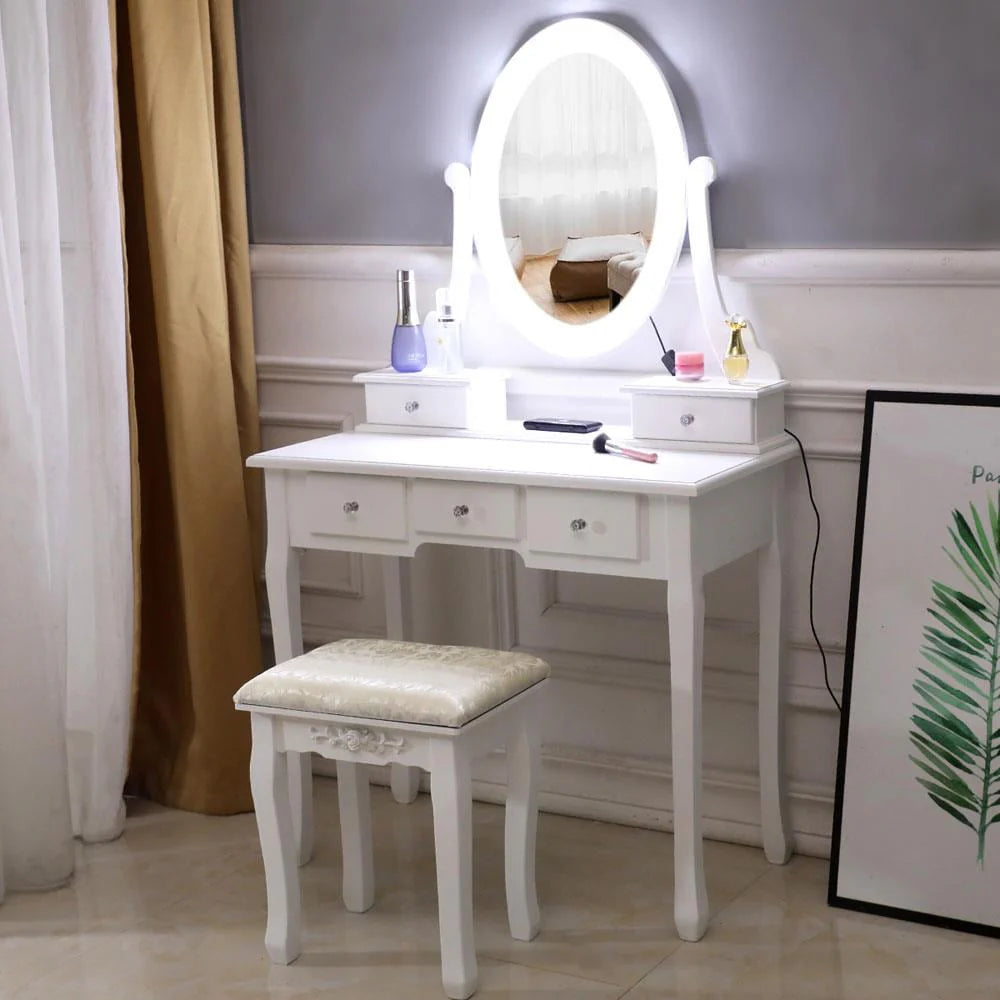 White Vanity Table Set with 5 Drawers and Cushioned Stool L73415