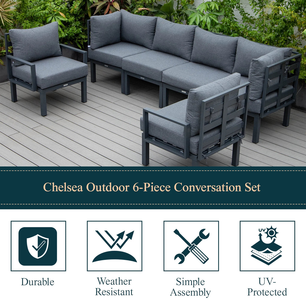 6-Piece Black Aluminum Patio Sectional Set with Removable Cushions K19169