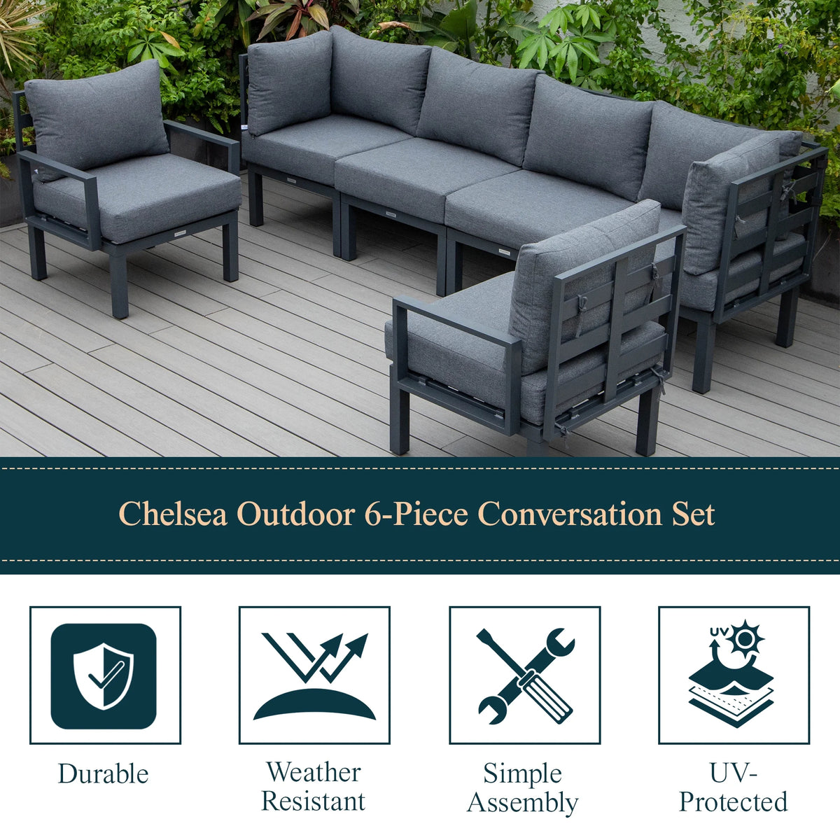 6-Piece Black Aluminum Patio Sectional Set with Removable Cushions K19169
