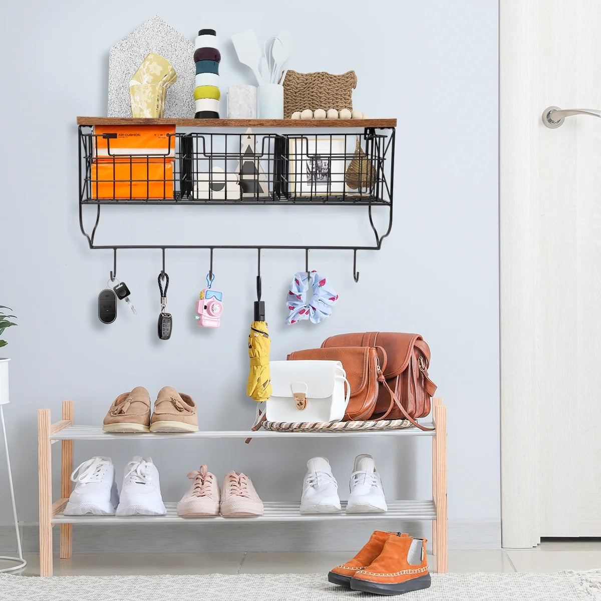 Rustic Wood Wall Mount Shelf with 6 Hooks and 3 Storage Baskets H187427