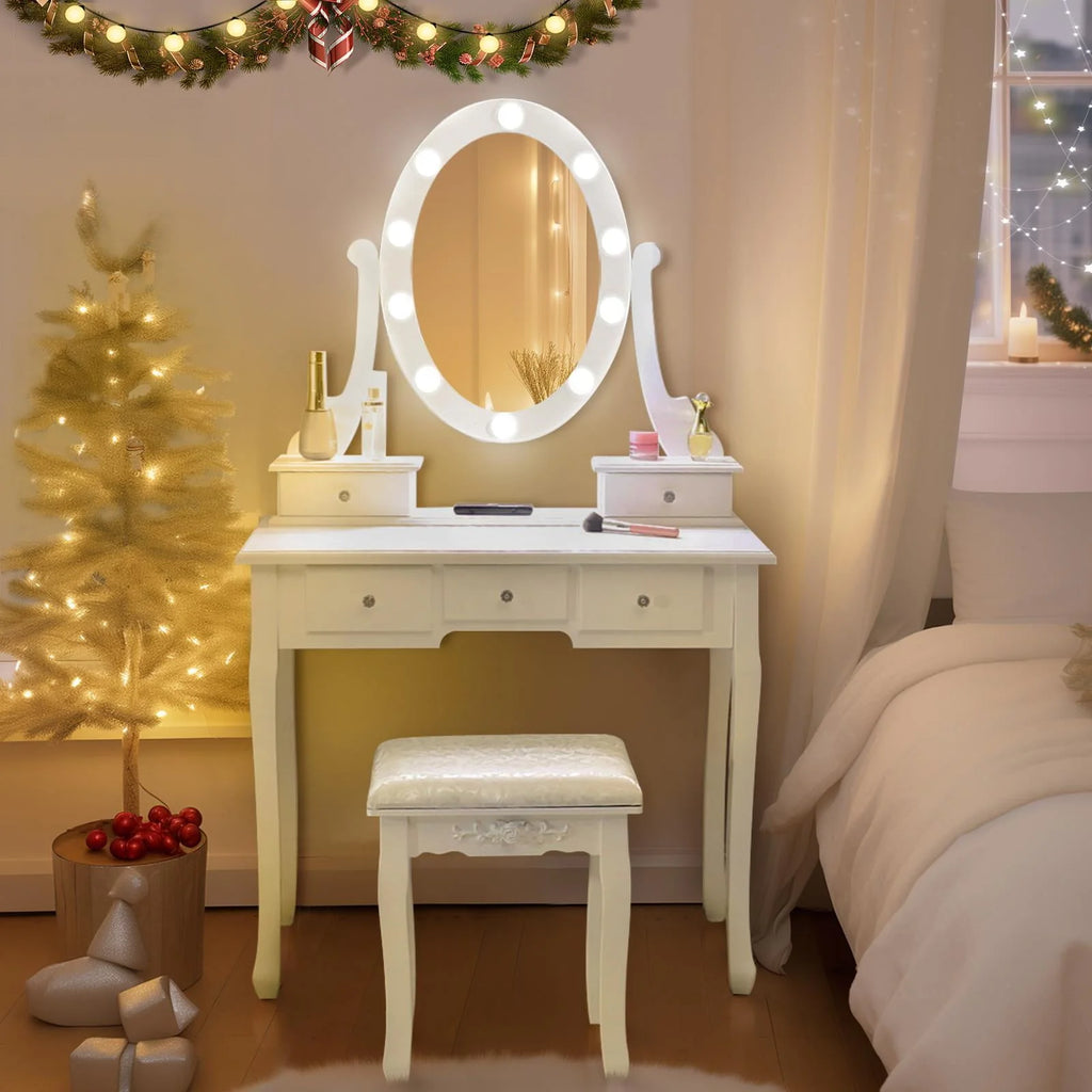 White Vanity Table Set with 5 Drawers and Cushioned Stool L73415