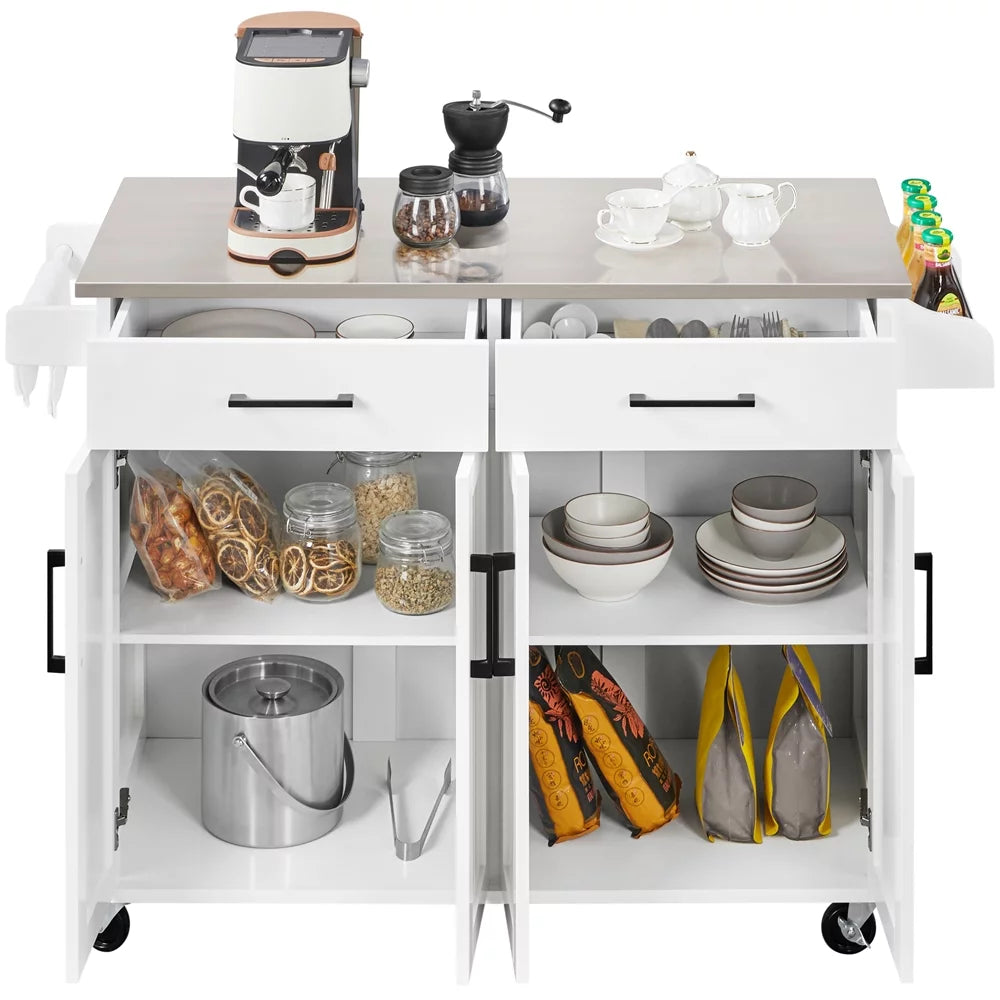 White Kitchen Island with Storage Drawers & Cabinets E243
