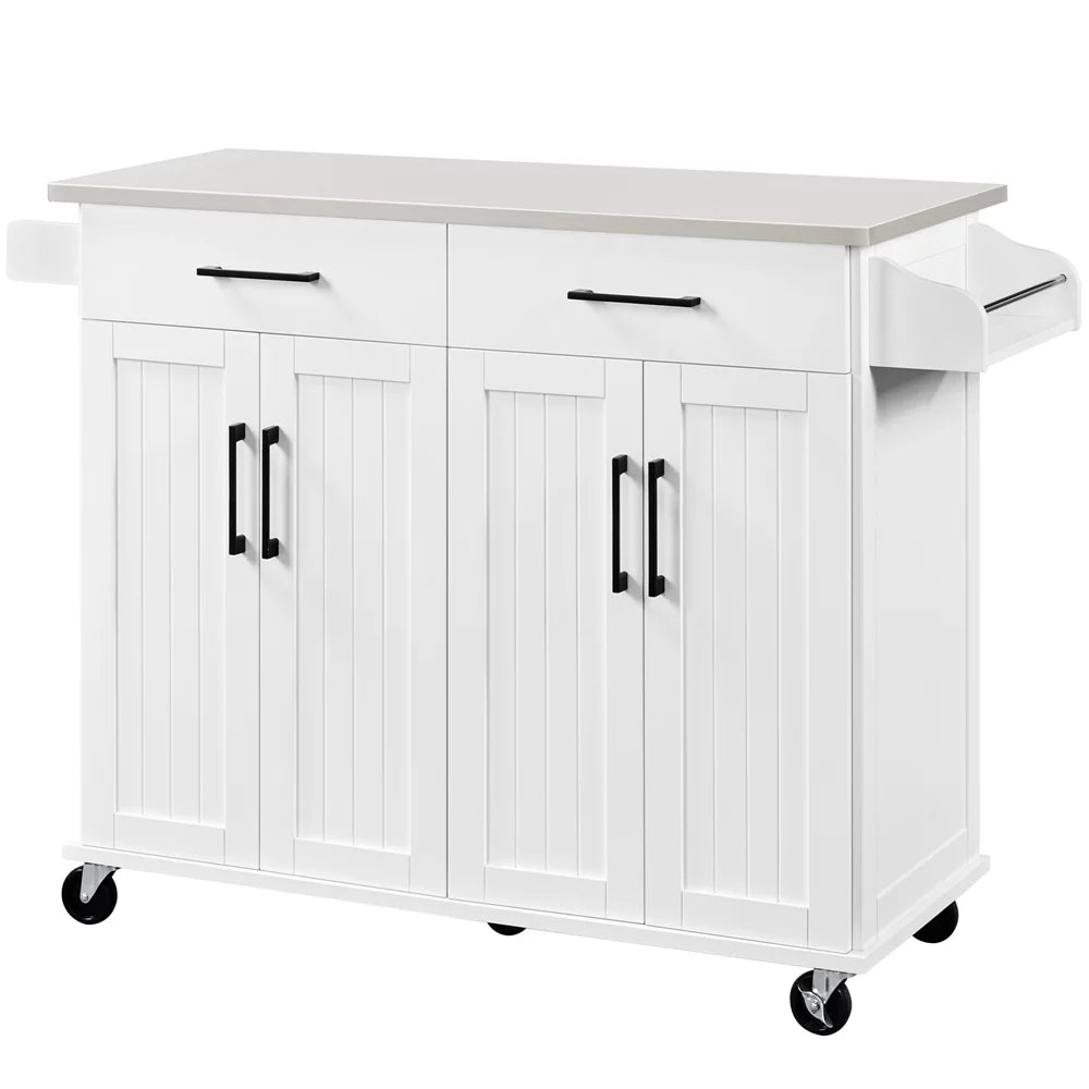 White Kitchen Island with Storage Drawers & Cabinets E243