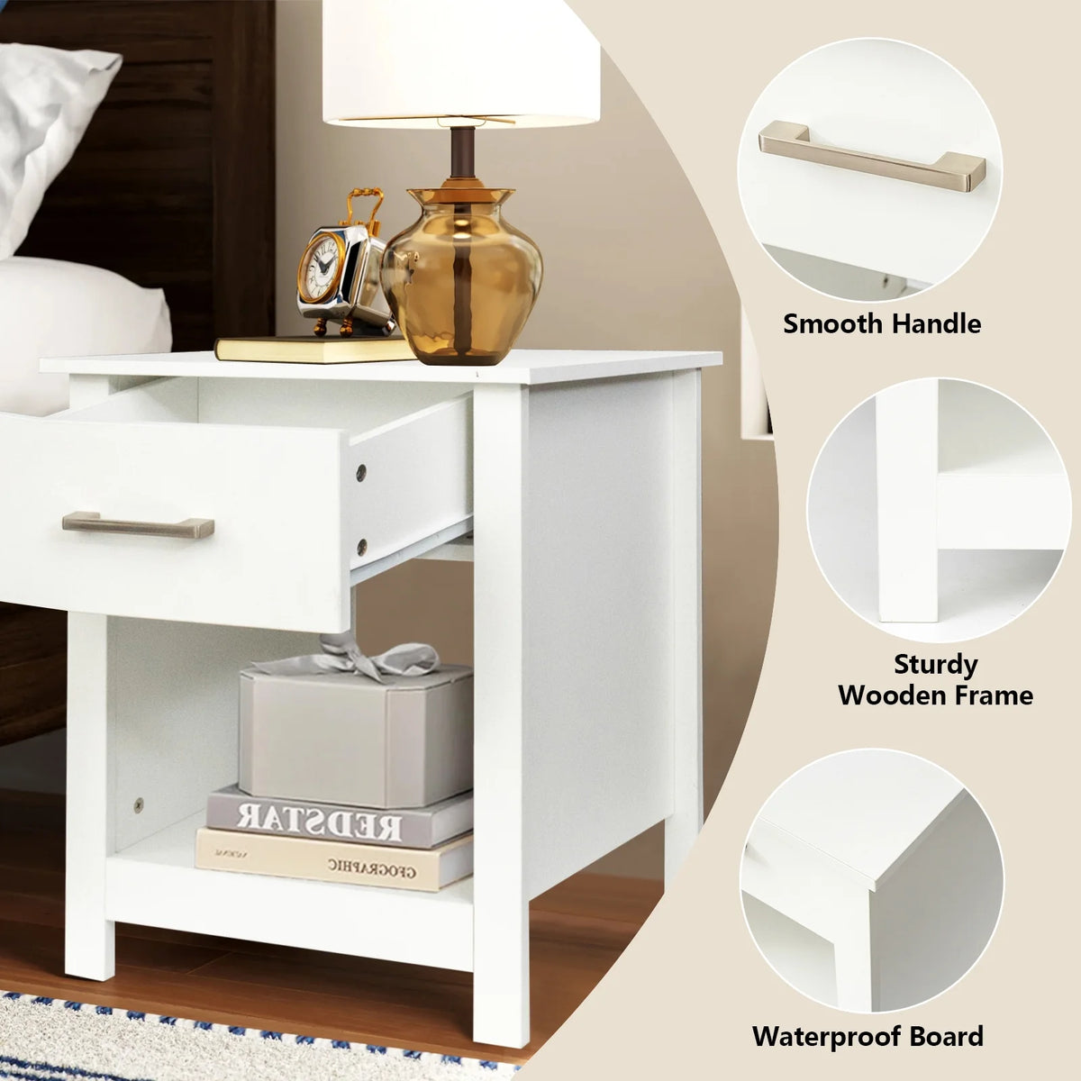White Wooden Nightstand with Drawer K138183