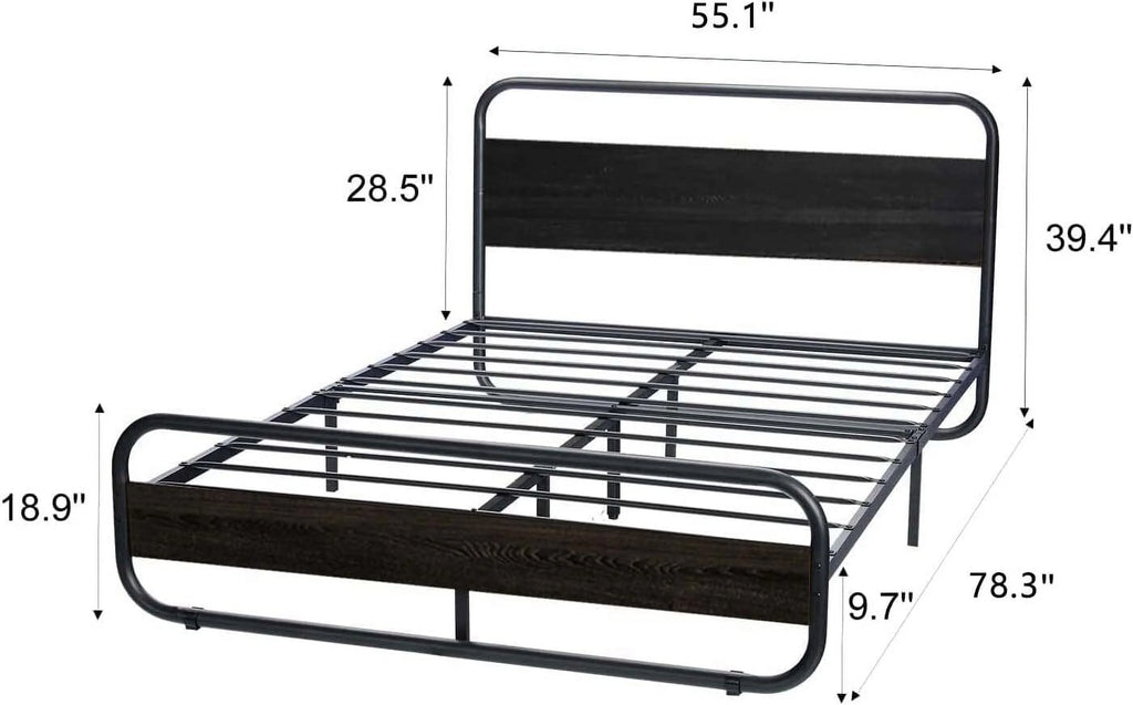 Queen Size Metal Platform Bed Frame with Wooden Headboard D8553