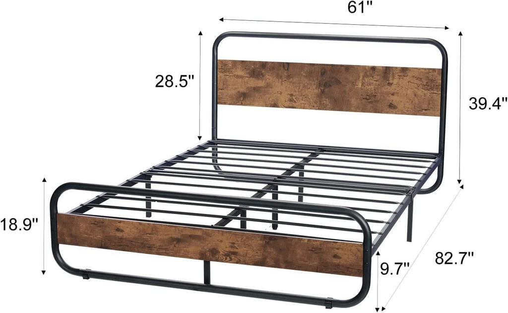 Queen Size Metal Platform Bed Frame with Wooden Headboard D8553