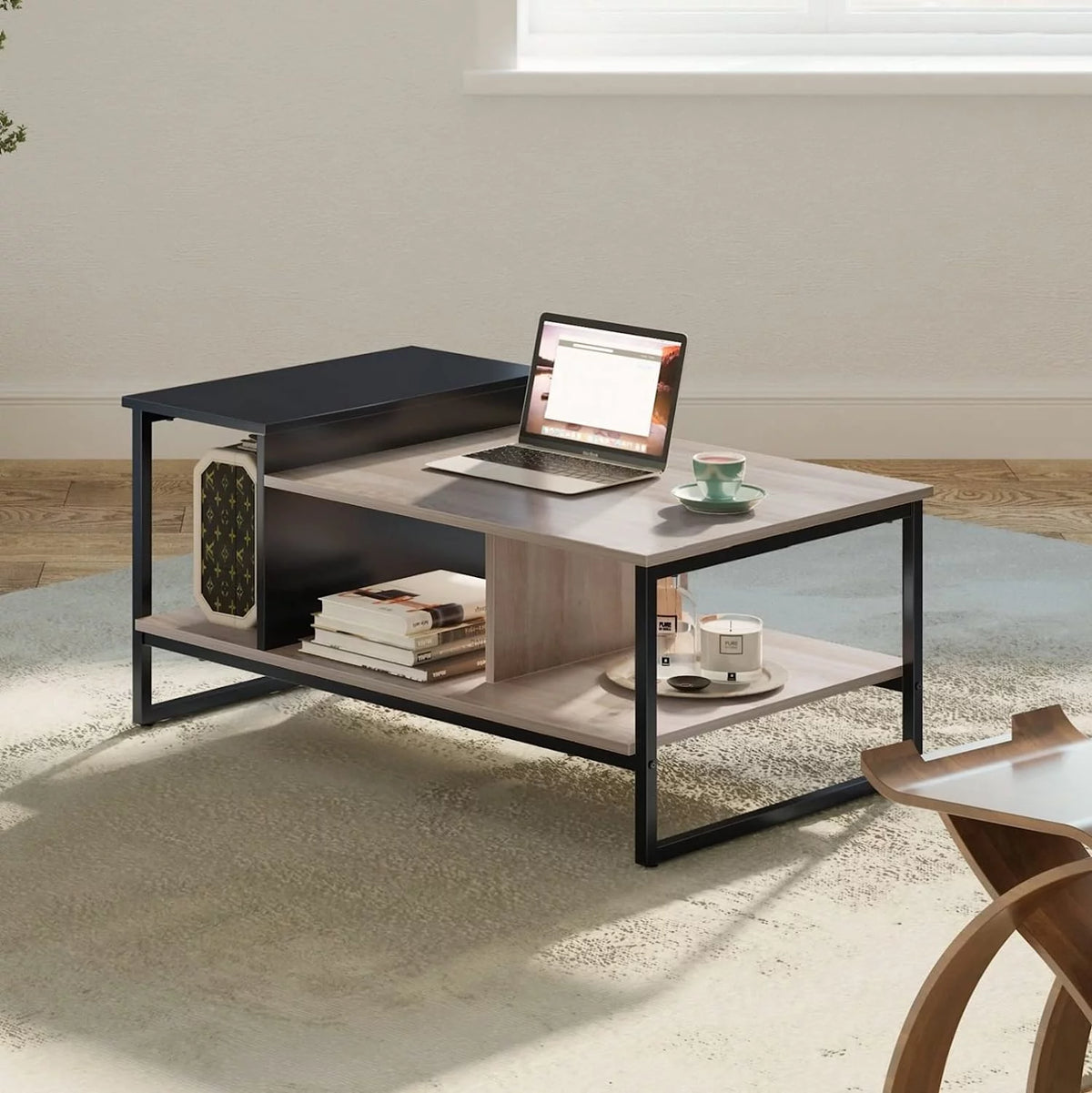 Lift Top Coffee Table with 2-Level Tabletop, Industrial Wood Coffee Table with Metal, 31.5" N1156