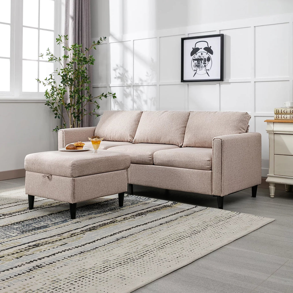 Small Sectional Sofa 3 Seater with Storage Ottoman Light Grey R61834