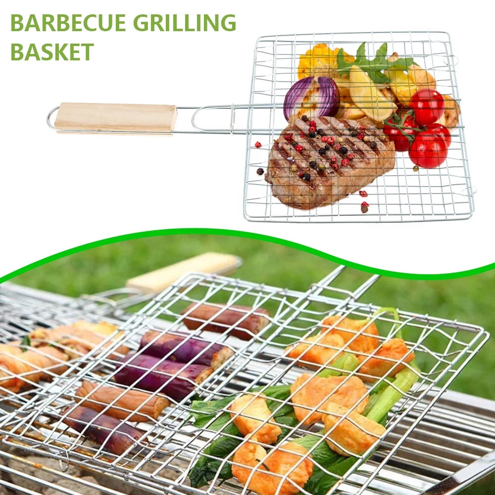 Stainless Steel Folding Barbecue Grilling Basket with Wooden Handle C406