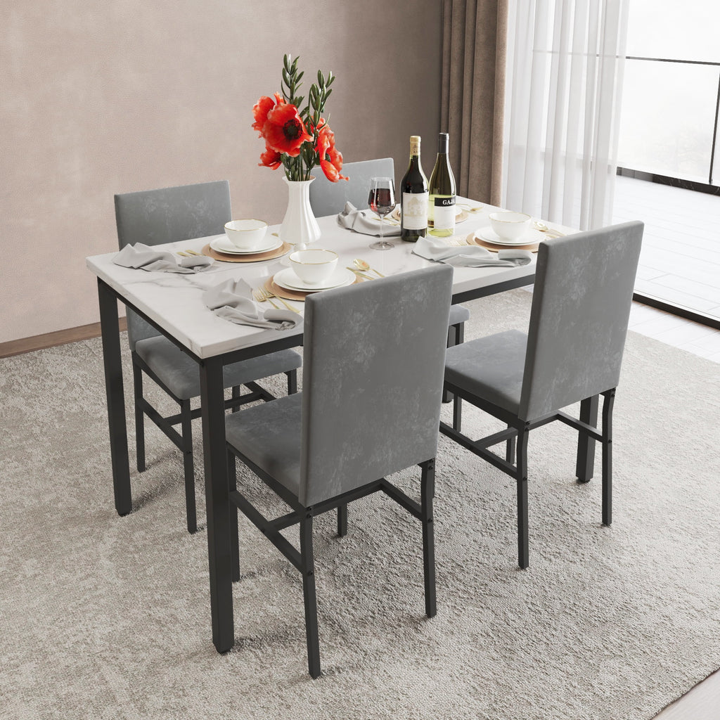 5-Piece White Marble Top Dining Table and 4 Gray Velvet Chairs G671819