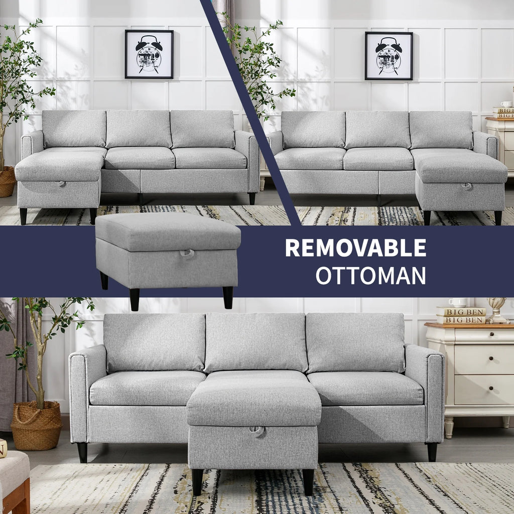 Small Sectional Sofa 3 Seater with Storage Ottoman Light Grey R61834