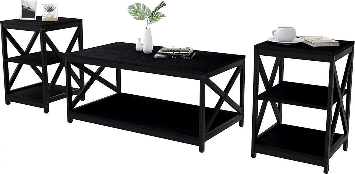 Black 3 Piece Coffee Table and End Side Tables with Storage U68111